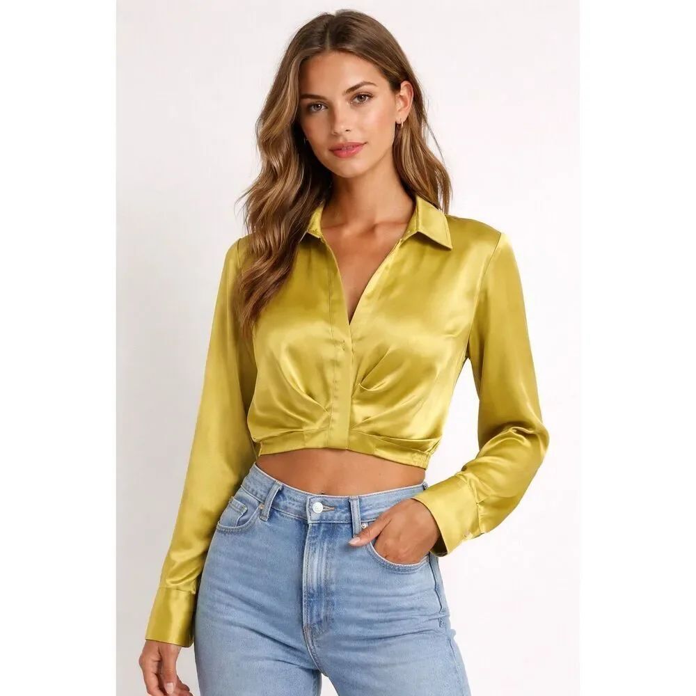 Rachel Zoe Satin Cropped Blouse Chartreuse Green Long Sleeve Size M